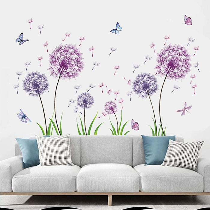  Groß Wandtattoo Löwenzahn, Lila Wandsticker für Kinderzimmer Mädchen, Wandtattoo Pusteblume für Schlafzimmer, Schmetterling Pflanzen Blumen 