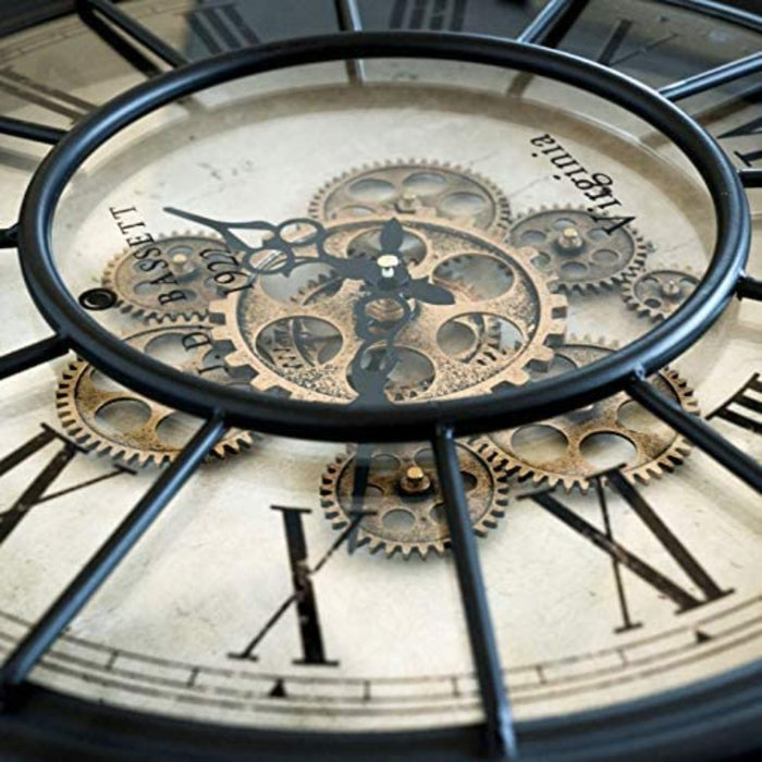 Große Vintage Metall Glas Wanduhr in XXL mit bewegenden Zahnrädern Römische Ziffern Zahnrad Wanduhr Wohnzimmer Wand Uhr Deko Schwarz Gold Ø46 cm 