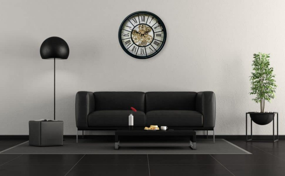 Große Vintage Metall Glas Wanduhr in XXL mit bewegenden Zahnrädern Römische Ziffern Zahnrad Wanduhr Wohnzimmer Wand Uhr Deko Schwarz Gold Ø46 cm 