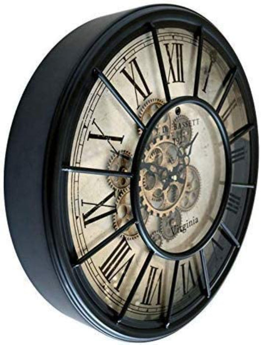 Große Vintage Metall Glas Wanduhr in XXL mit bewegenden Zahnrädern Römische Ziffern Zahnrad Wanduhr Wohnzimmer Wand Uhr Deko Schwarz Gold Ø46 cm 