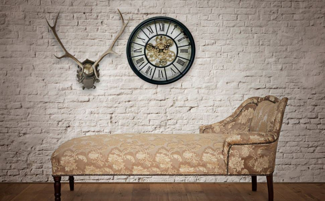 Große Vintage Metall Glas Wanduhr in XXL mit bewegenden Zahnrädern Römische Ziffern Zahnrad Wanduhr Wohnzimmer Wand Uhr Deko Schwarz Gold Ø46 cm 