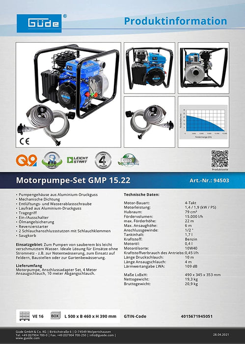 Güde Motorpumpe-Set (4-Takt Motor, Fördervolumen: 15.000 l/h, max. Förderhöhe: 22 m, Benzin-Motorpumpe), Blau, Schwarz