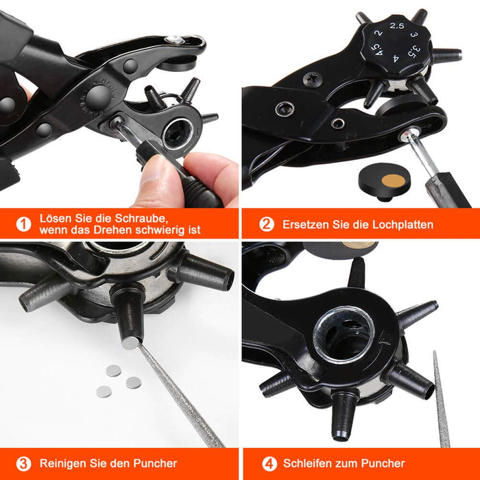 Gürtellochzange Heavy Duty Revolverlochzange Hebelübersetzung Lochzange Gürtel - Leder Locher mit 2 Extra Punch Platten, Lineal, Schleifstab 