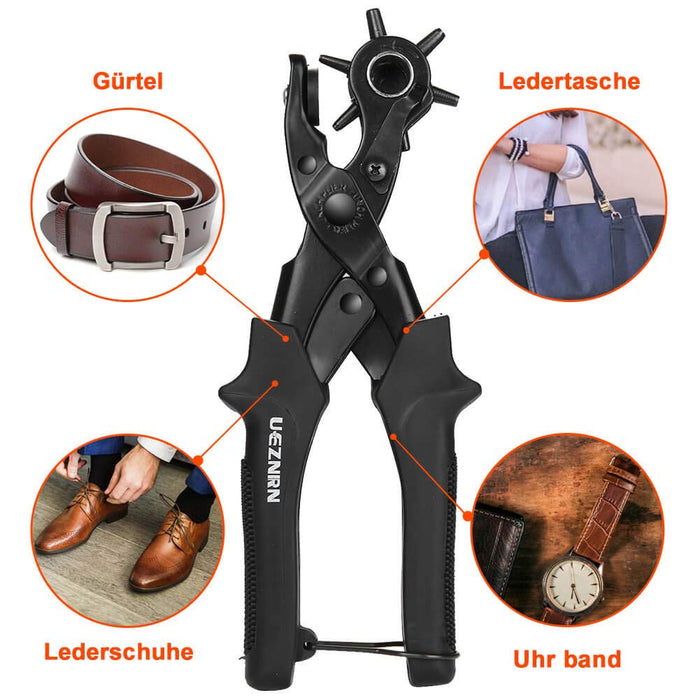 Gürtellochzange Heavy Duty Revolverlochzange Hebelübersetzung Lochzange Gürtel - Leder Locher mit 2 Extra Punch Platten, Lineal, Schleifstab 