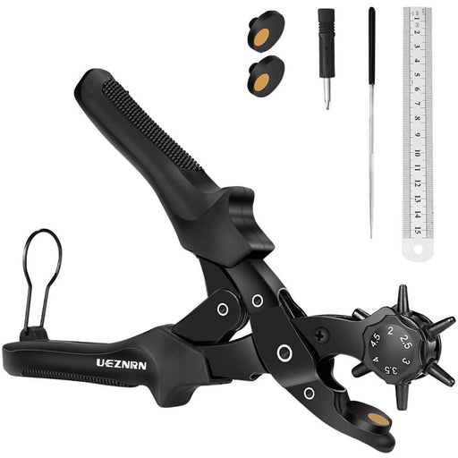 Gürtellochzange Heavy Duty Revolverlochzange Hebelübersetzung Lochzange Gürtel - Leder Locher mit 2 Extra Punch Platten, Lineal, Schleifstab 