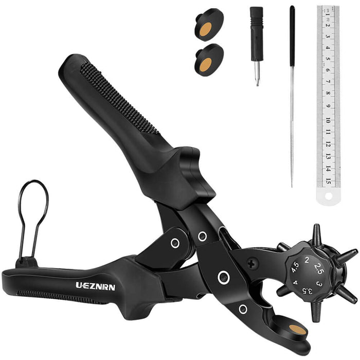 Gürtellochzange Heavy Duty Revolverlochzange Hebelübersetzung Lochzange Gürtel - Leder Locher mit 2 Extra Punch Platten, Lineal, Schleifstab 
