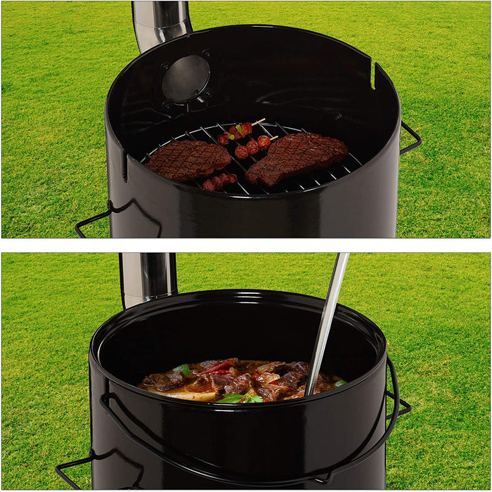 Gulaschkanone, emailliert, Gulaschkessel mit Deckel, 14 Liter, mit Grillrost, Outdoor Feldküche, schwarz rot