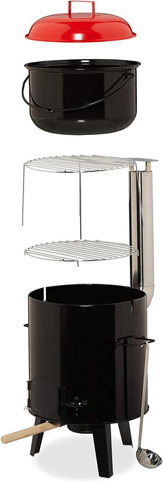 Gulaschkanone, emailliert, Gulaschkessel mit Deckel, 14 Liter, mit Grillrost, Outdoor Feldküche, schwarz rot