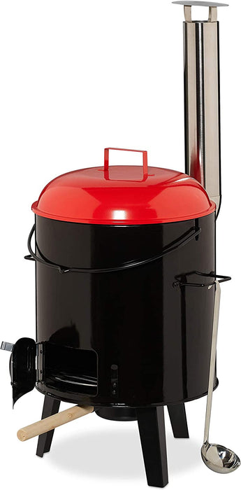 Gulaschkanone, emailliert, Gulaschkessel mit Deckel, 14 Liter, mit Grillrost, Outdoor Feldküche, schwarz rot
