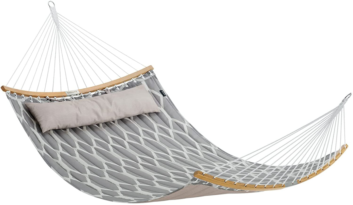Hängematte, gepolstert, gesteppt, mit teilbaren gebogenen Bambusstangen, mit Kopfstütze, 200 x 140 cm, bis 225 kg belastbar, graue und beige Rauten