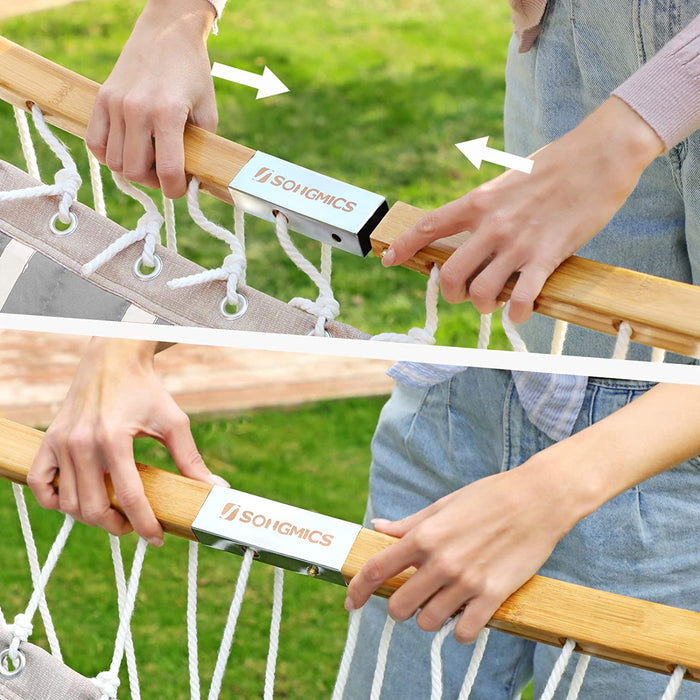 Hängematte, gepolstert, gesteppt, mit teilbaren gebogenen Bambusstangen, mit Kopfstütze, 200 x 140 cm, bis 225 kg belastbar, graue und beige Rauten