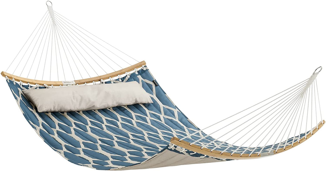 Hängematte, gepolstert, gesteppt, mit teilbaren gebogenen Bambusstangen, mit Kopfstütze, 200 x 140 cm, bis 225 kg belastbar, Blaue und beige Rauten