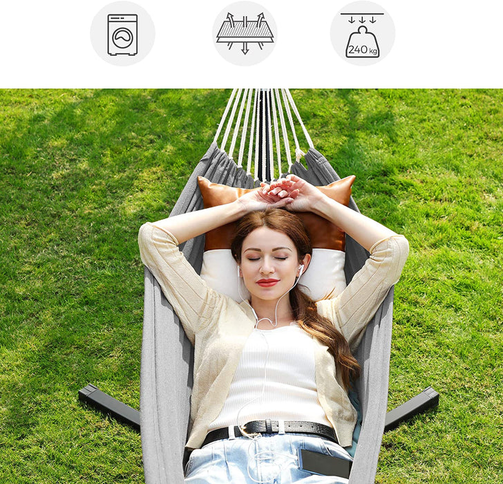 Hängematte mit Gestell, 210 x 150 cm, auf 5 Verschiedene Höhen verstellbar, Gestell aus Metall, bis 240 kg belastbar, für Garten
