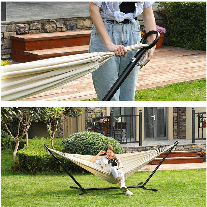 Hängematte mit Gestell, 210 x 150 cm, auf 5 Verschiedene Höhen verstellbar, Gestell aus Metall, bis 240 kg belastbar, für Garten