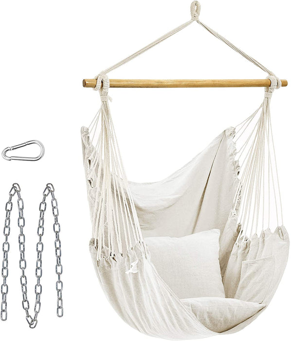 Hängesessel, Hängeschaukel, Hängestuhl mit 2 Kissen, Metallkette, bis 150 kg belastbar, Indoor und Outdoor, Wohnzimmer, Schlafzimmer, beige