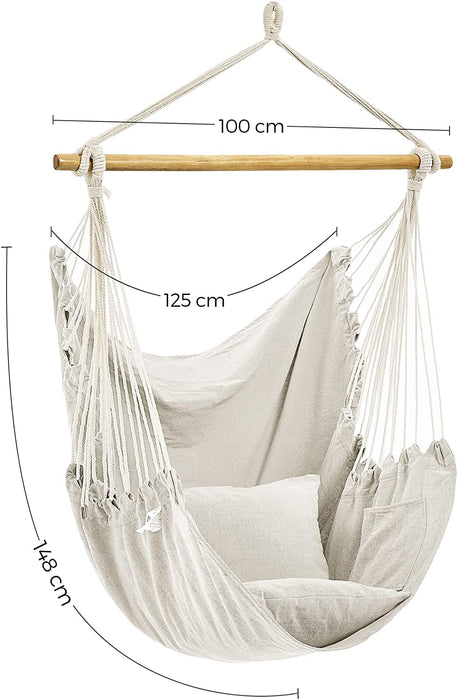 Hängesessel, Hängeschaukel, Hängestuhl mit 2 Kissen, Metallkette, bis 150 kg belastbar, Indoor und Outdoor, Wohnzimmer, Schlafzimmer, beige