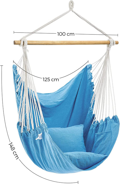 Hängesessel, Hängeschaukel, Hängestuhl mit 2 Kissen, Metallkette, bis 150 kg belastbar, Indoor und Outdoor, Wohnzimmer, Schlafzimmer, blau