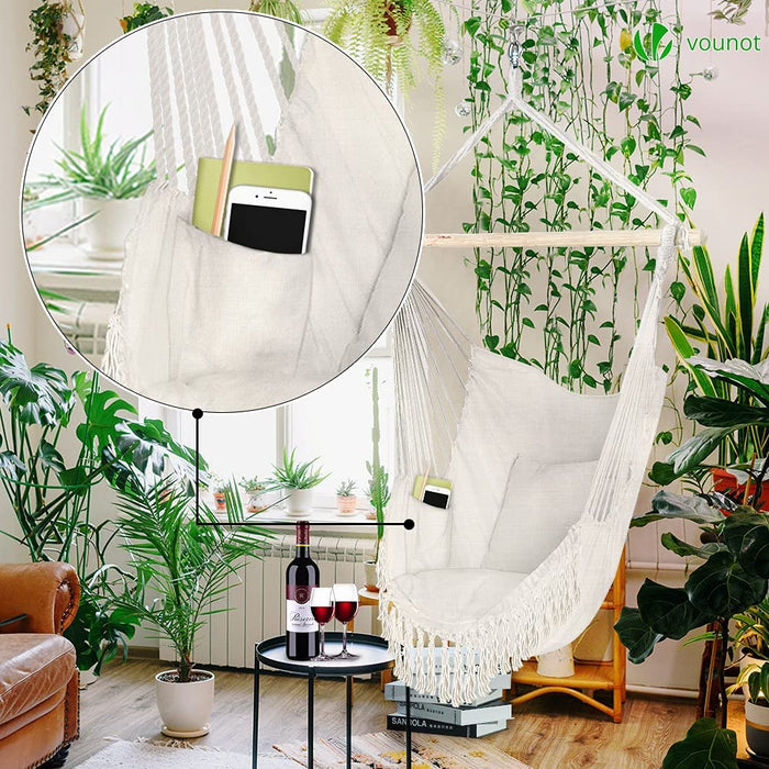  Hängesessel mit 2 Kissen & Bücherfach, Hängestuhl XXL Hängematte Hängeschaukel für Indoor Outdoor Garten, Beige