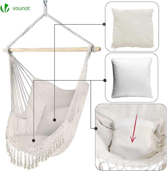  Hängesessel mit 2 Kissen & Bücherfach, Hängestuhl XXL Hängematte Hängeschaukel für Indoor Outdoor Garten, Beige