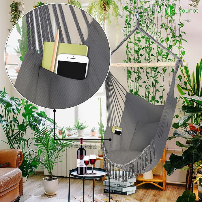 Hängesessel mit 2 Kissen & Bücherfach, Hängestuhl XXL Hängematte Schaukel für Indoor Outdoor Garten, Grau