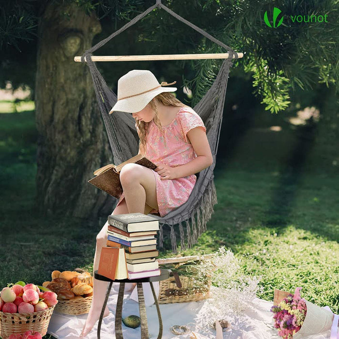 Hängesessel mit 2 Kissen & Bücherfach, Hängestuhl XXL Hängematte Schaukel für Indoor Outdoor Garten, Grau