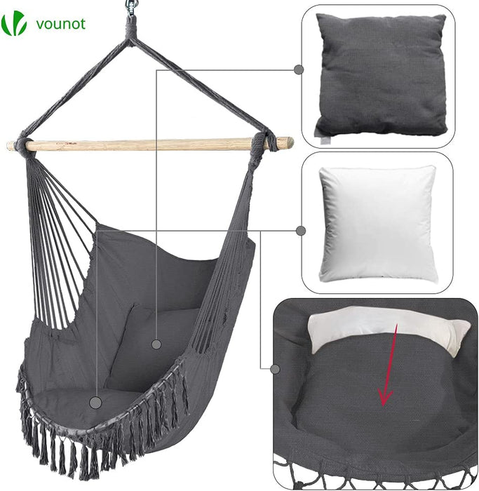Hängesessel mit 2 Kissen & Bücherfach, Hängestuhl XXL Hängematte Schaukel für Indoor Outdoor Garten, Grau