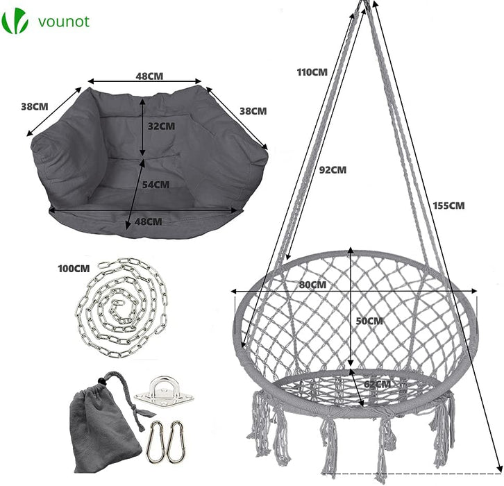 Hängesessel mit Bücherfach & Kissen, Hängeschaukel Hängestuhl für Indoor Outdoor Garten, Ø Sitzfläche 80cm, Grau