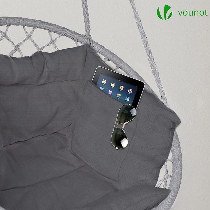 Hängesessel mit Bücherfach & Kissen, Hängeschaukel Hängestuhl für Indoor Outdoor Garten, Ø Sitzfläche 80cm, Grau