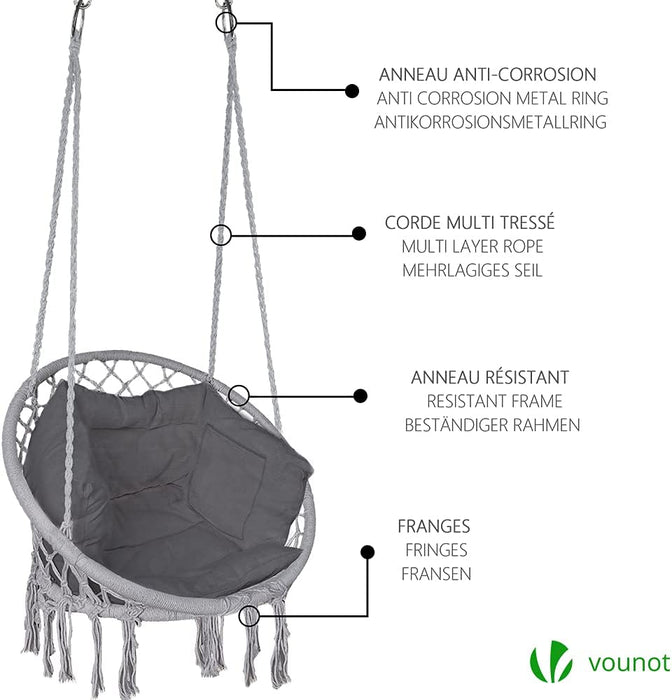 Hängesessel mit Bücherfach & Kissen, Hängeschaukel Hängestuhl für Indoor Outdoor Garten, Ø Sitzfläche 80cm, Grau