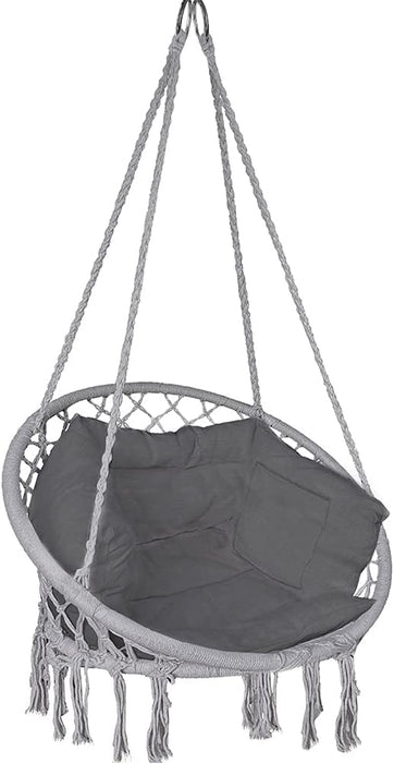 Hängesessel mit Bücherfach & Kissen, Hängeschaukel Hängestuhl für Indoor Outdoor Garten, Ø Sitzfläche 80cm, Grau