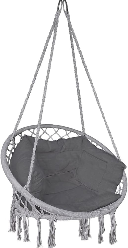 Hängesessel mit Bücherfach & Kissen, Hängeschaukel Hängestuhl für Indoor Outdoor Garten, Ø Sitzfläche 80cm, Grau