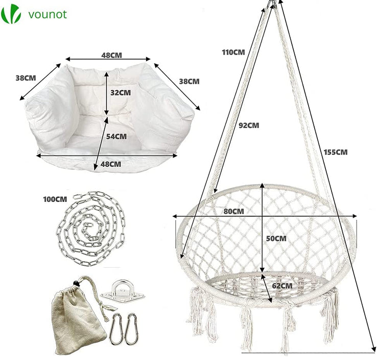 Hängesessel mit Bücherfach & Kissen, Hängeschaukel Hängestuhl für Outdoor Garten, Ø Sitzfläche 80cm, Beige