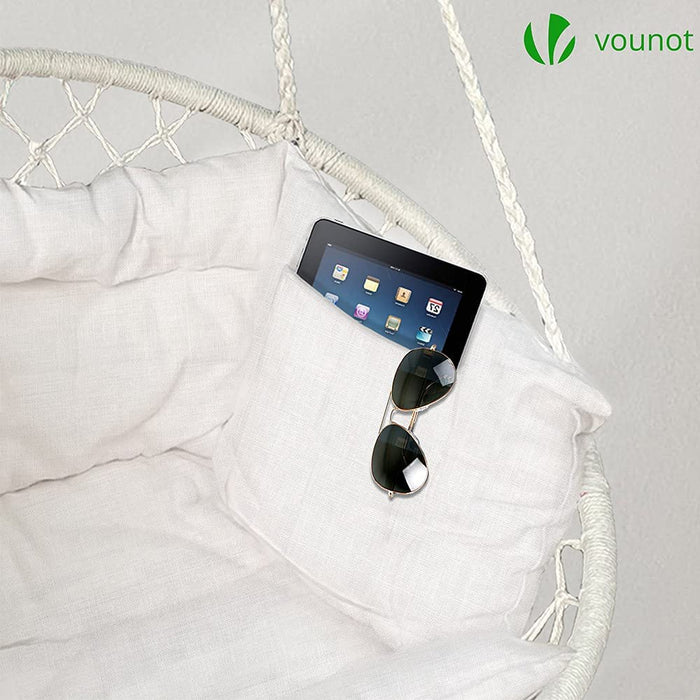 Hängesessel mit Bücherfach & Kissen, Hängeschaukel Hängestuhl für Outdoor Garten, Ø Sitzfläche 80cm, Beige