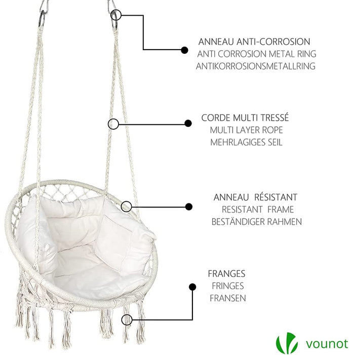 Hängesessel mit Bücherfach & Kissen, Hängeschaukel Hängestuhl für Outdoor Garten, Ø Sitzfläche 80cm, Beige