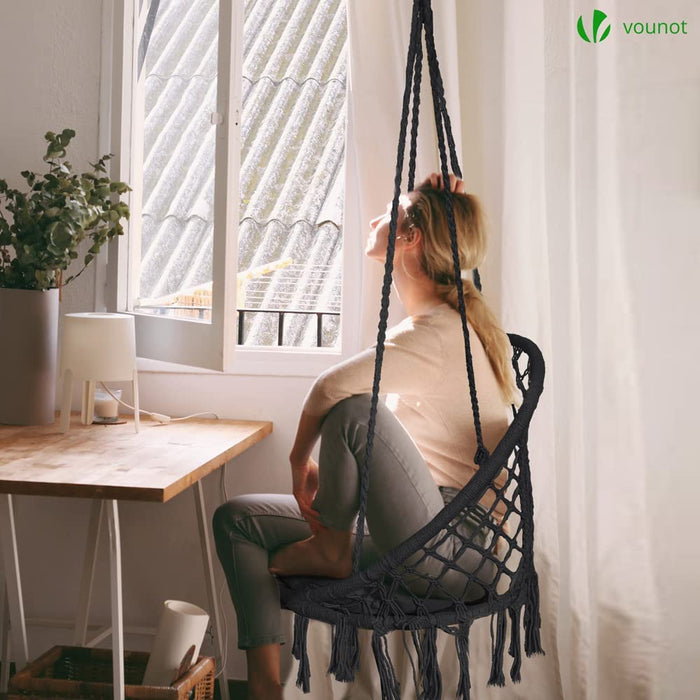 Hängesessel mit Kissen, Boho Hängestuhl zum Aufhängen Hängeschaukel für Erwachsene und Kinder, Indoor und Outdoor, Schwarz