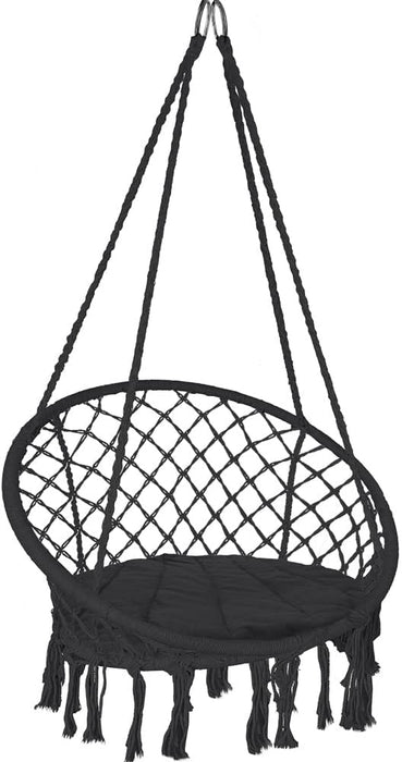 Hängesessel mit Kissen, Boho Hängestuhl zum Aufhängen Hängeschaukel für Erwachsene und Kinder, Indoor und Outdoor, Schwarz