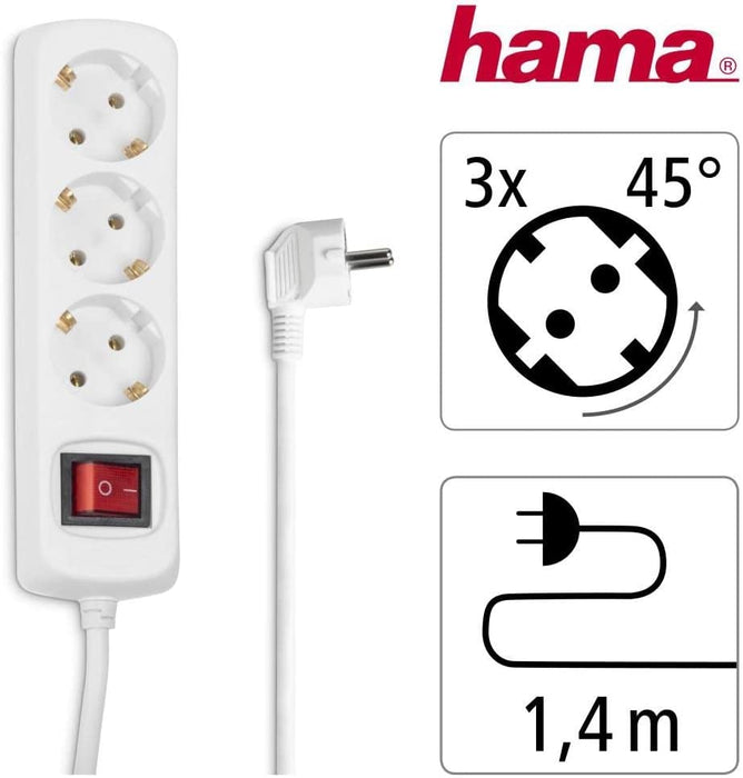 Hama Steckdosenleiste 3-fach (Mehrfachsteckdose mit Save Energy-Schalter zum Stromsparen, Steckplätze 45 Grad gedreht, Kabel 1,4m, GS geprüft