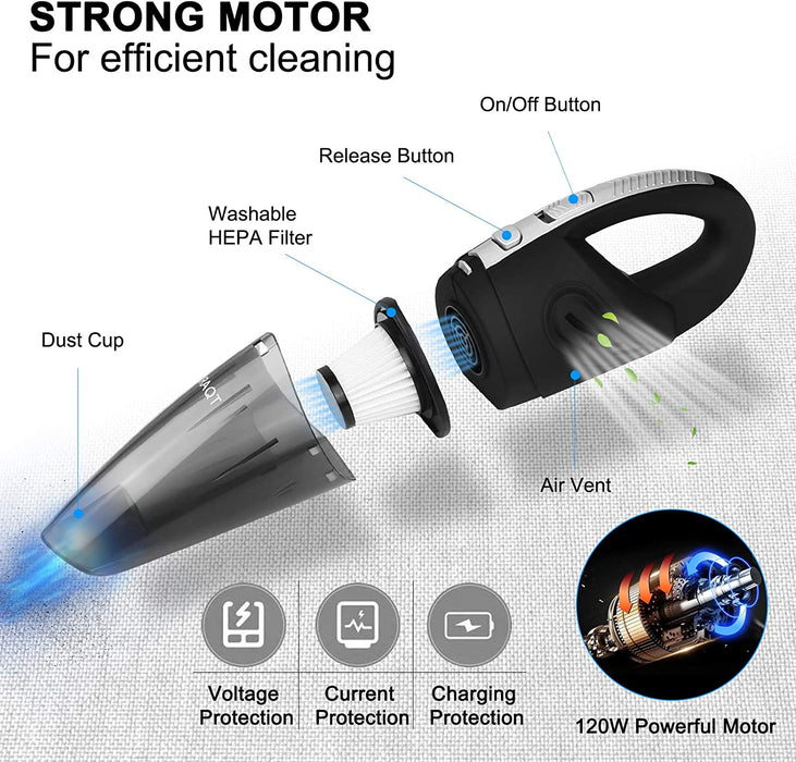 Handstaubsauger Akku, Kabelloser Handstaubsauger 120W, 2200mA Kabellos Staubsauger Nass/Lärmminderung Handsauger Autostaubsauger Schnellaufladung