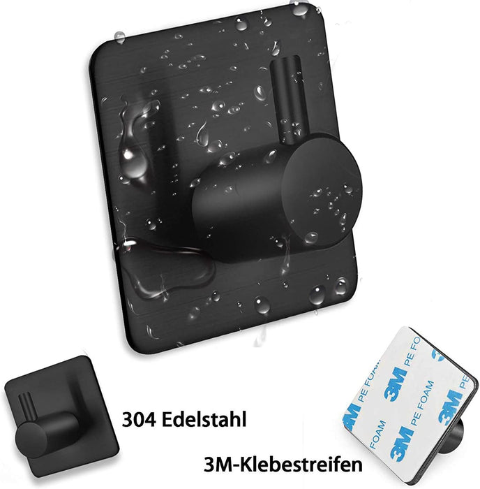 Handtuchhaken 4 Stück Klebehaken Handtuchhalter 3M Selbstklebend aus Edelstahl, Ohne Bohren, Rostfrei, Ideal für Bad Toilette Küche Büro, Schwarz