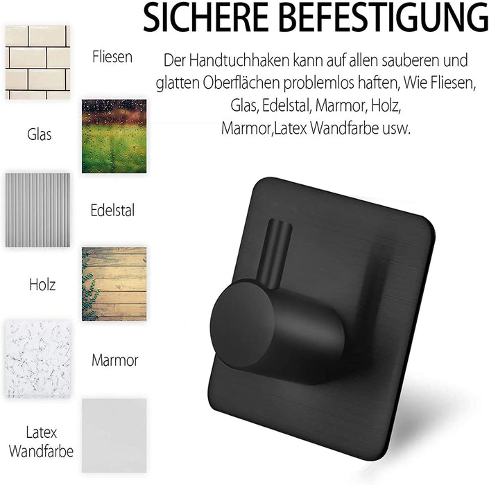 Handtuchhaken 4 Stück Klebehaken Handtuchhalter 3M Selbstklebend aus Edelstahl, Ohne Bohren, Rostfrei, Ideal für Bad Toilette Küche Büro, Schwarz