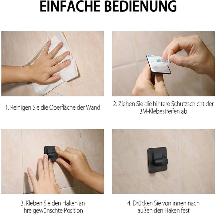 Handtuchhaken 4 Stück Klebehaken Handtuchhalter 3M Selbstklebend aus Edelstahl, Ohne Bohren, Rostfrei, Ideal für Bad Toilette Küche Büro, Schwarz