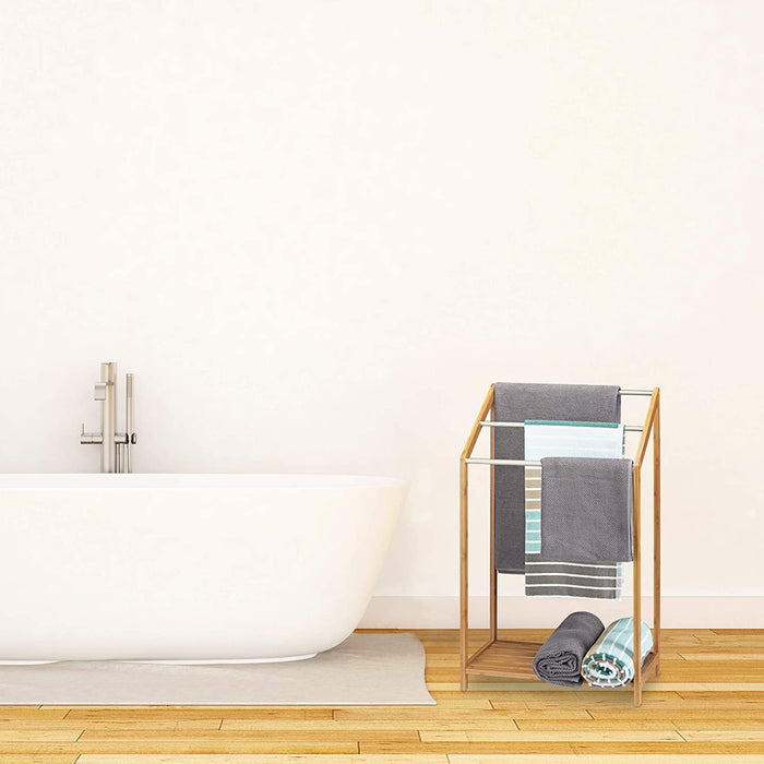 Handtuchhalter Bambus, 3 Handtuchstangen, Freistehend, Ablage, modern, HxBxT 85 x 51 x 31 cm, natur