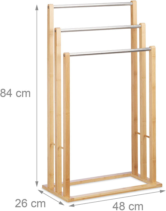 Handtuchhalter stehend mit 3 Handtuchstangen, Handtuchständer 3-armig für Bad, Bambus, HBT 84x48x26 cm, natur