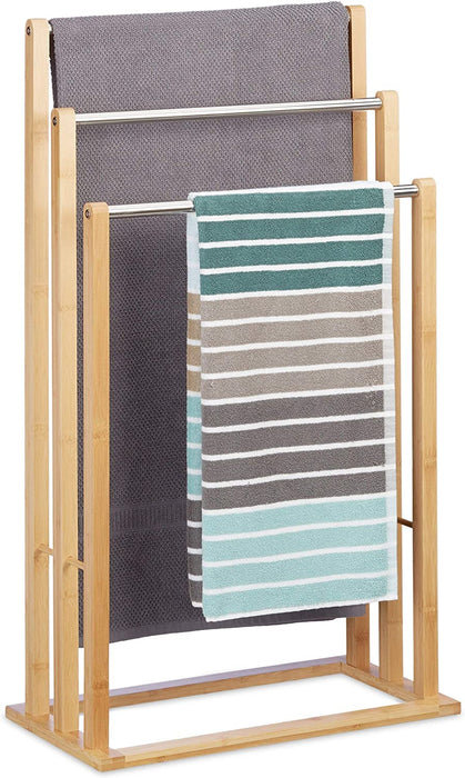 Handtuchhalter stehend mit 3 Handtuchstangen, Handtuchständer 3-armig für Bad, Bambus, HBT 84x48x26 cm, natur