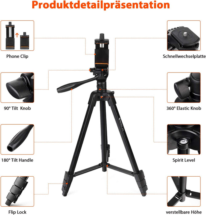 Handy Stativ Ausziehbar, 54" Stativ für Smartphone mit 360-Grad-Panorama-Drehplattform und 1/4 Universal-Befestigungsschrauben