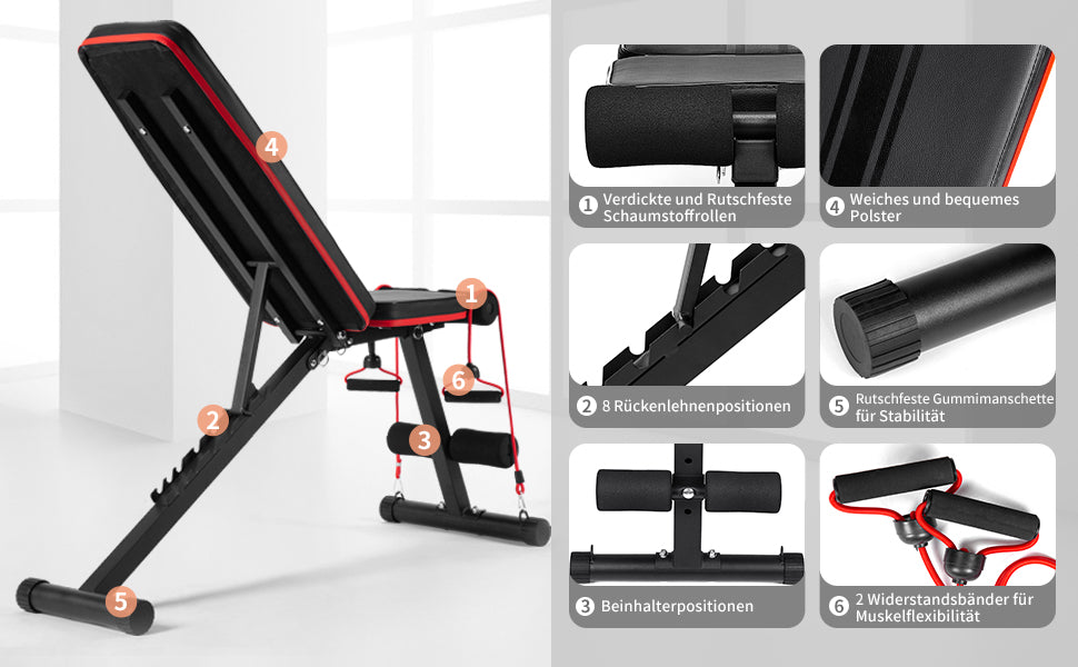 Hantelbank Klappbar, Verstellbar Trainingsbank für Zuhause, Schrägbank mit 8-Fach Rückenlehne, Ganzkörpertraining, Krafttraining, Workout