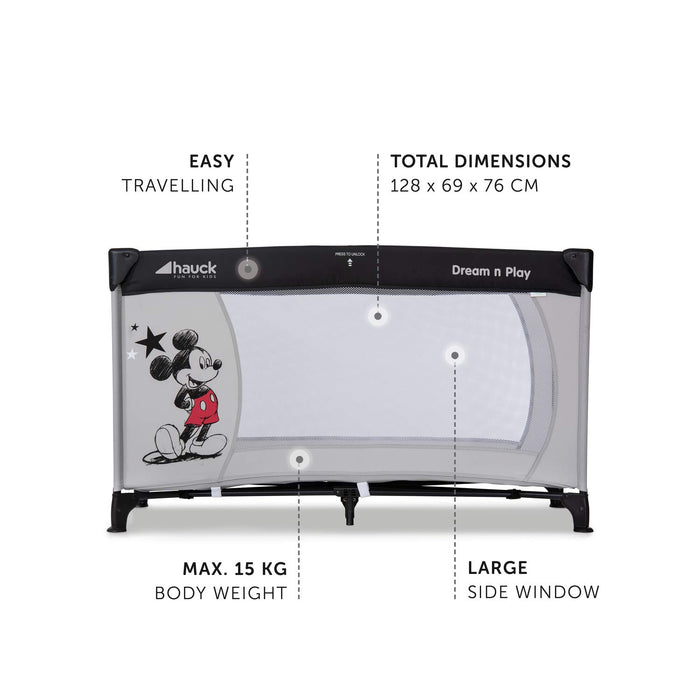 Disney Reisebett Dream N Play / für Babys und Kinder ab Geburt bis 15 kg / 120 x 60 cm / Leicht / Kompakt Faltbar / Inkl. Trage Tasche / Mickey Mouse / Grau