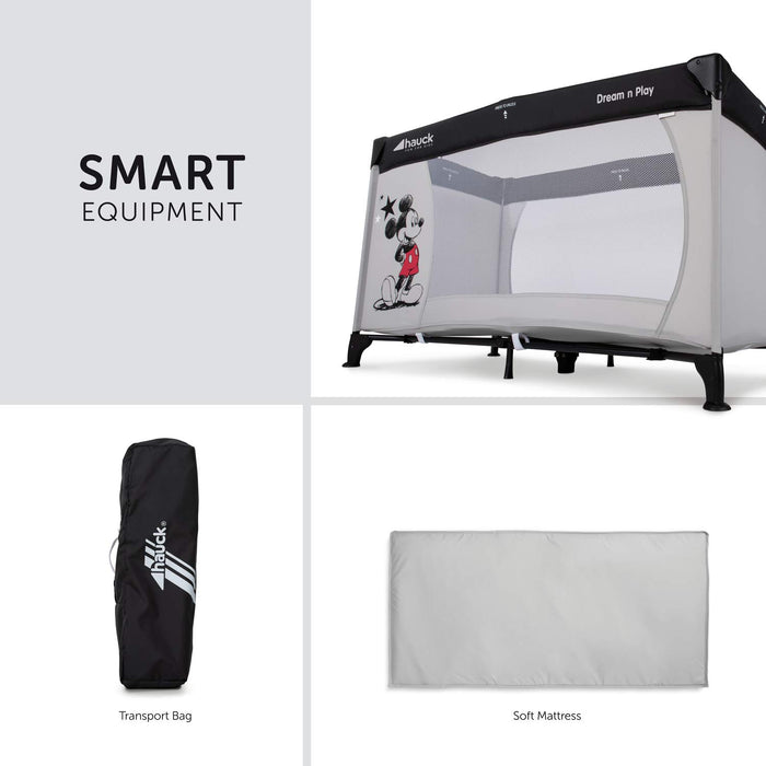 Disney Reisebett Dream N Play / für Babys und Kinder ab Geburt bis 15 kg / 120 x 60 cm / Leicht / Kompakt Faltbar / Inkl. Trage Tasche / Mickey Mouse / Grau