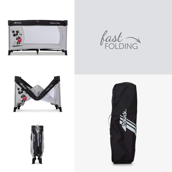 Disney Reisebett Dream N Play / für Babys und Kinder ab Geburt bis 15 kg / 120 x 60 cm / Leicht / Kompakt Faltbar / Inkl. Trage Tasche / Mickey Mouse / Grau