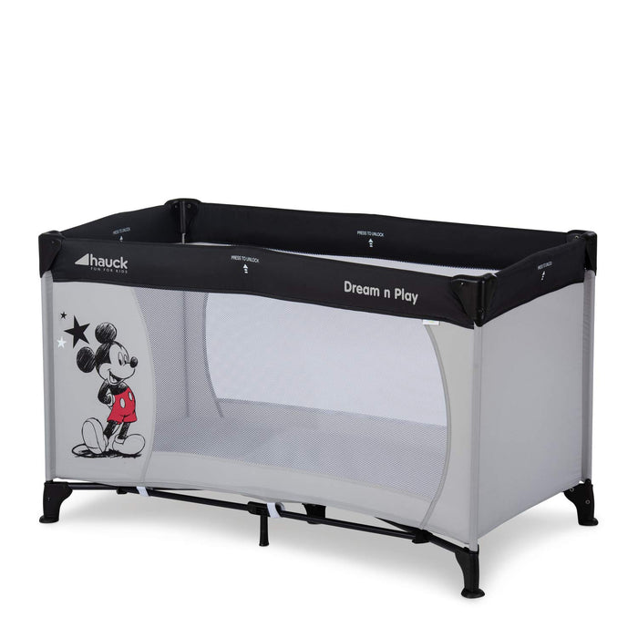 Disney Reisebett Dream N Play / für Babys und Kinder ab Geburt bis 15 kg / 120 x 60 cm / Leicht / Kompakt Faltbar / Inkl. Trage Tasche / Mickey Mouse / Grau